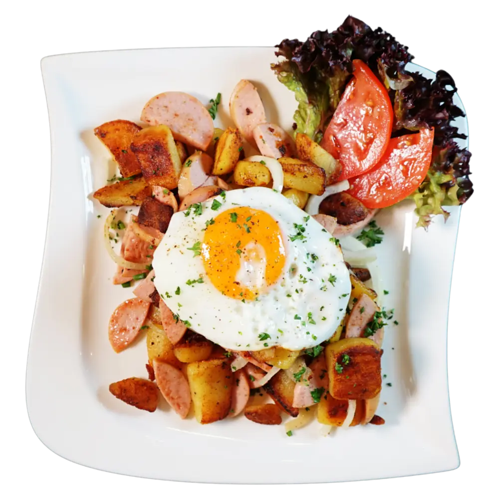 Ringel-Pann mit Lyoner, Bratkartoffeln und Spiegelei im Schnokeloch Saarbrücken